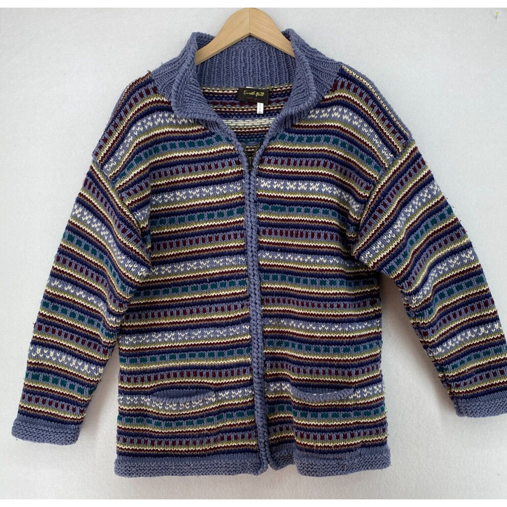 INVISIBLE WORLD Cardigan Adult S Wool Chunky Nordic Striped Full Zip Blue